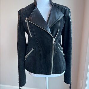Mango Black Leather Moto Jacket with Silver Zippers